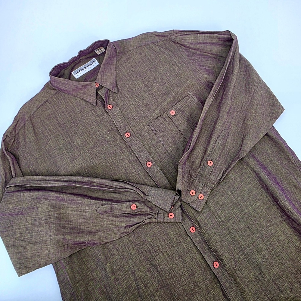 Jhane Barnes Mens XL Linen Tencel Button Down Shirt Olive Purple Iridescent Long